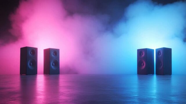 Speakers with vibrant gradient and smoke background for music and audio visuals