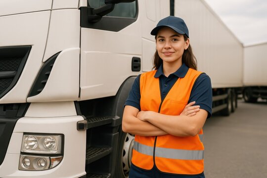Fototapeta Young Female Truck Driver in Professional Transportation and Logistics Industry
