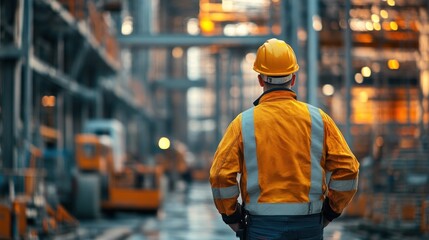 a construction foreman standing proudly amidst the structural steel framework of a large industrial construction site overseeing the building development progression
