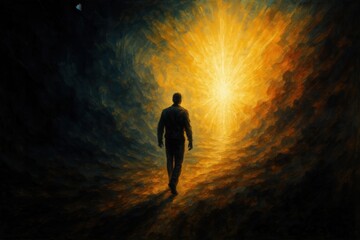 Obraz premium Inspirational figure walking from darkness toward brilliant divine light symbolizing spiritual transformation and personal growth journey