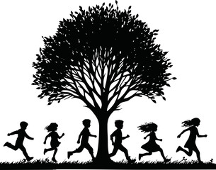 black Silhouette of kids playing and running with autumn trees vector in white background