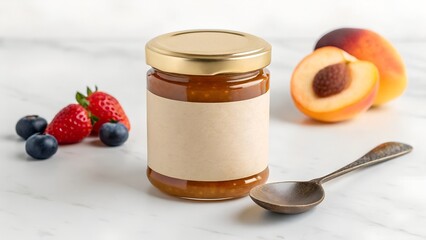 Jar mockup for honey or jam, kraft lid cover and circular label on top, styled with spoon and fruit
