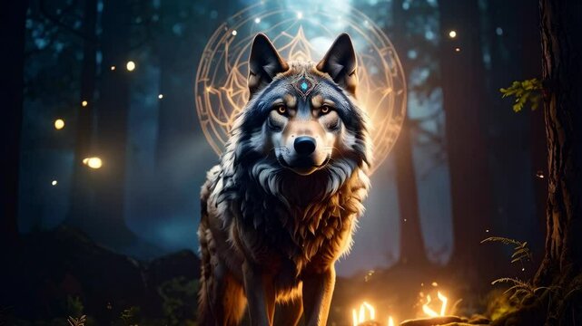 Majestic wolf illuminated by mystical circle in dark forest, emitting magical energy, ambient light and glowing embers.