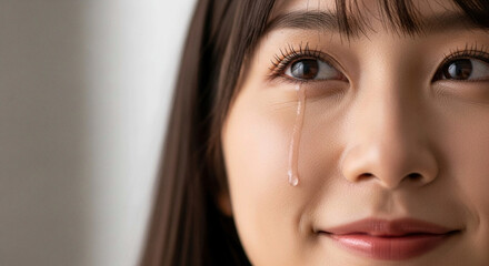 Close-up of a young woman's face with a single tear rolling down her cheek, expressing bittersweet emotion.