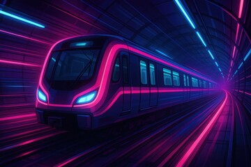 Fototapeta premium High-speed subway train with neon lighting racing through underground tunnels in modern urban transportation system