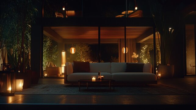 A luxurious patio featuring warm lighting and comfortable seating arrangements