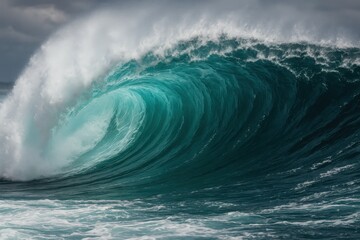 Massive ocean wave with crystal blue water creating dramatic seascape isolated on white background
