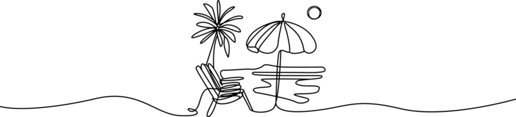 Beach chair on a palm beach one line . Chaise lounge chair for a beach one continuous line drawing. Ocean beach with umbrella landscape.  Holiday and summer vacation concept.