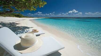 Obraz premium Beach Relaxation with Sun Hat and Turquoise Water