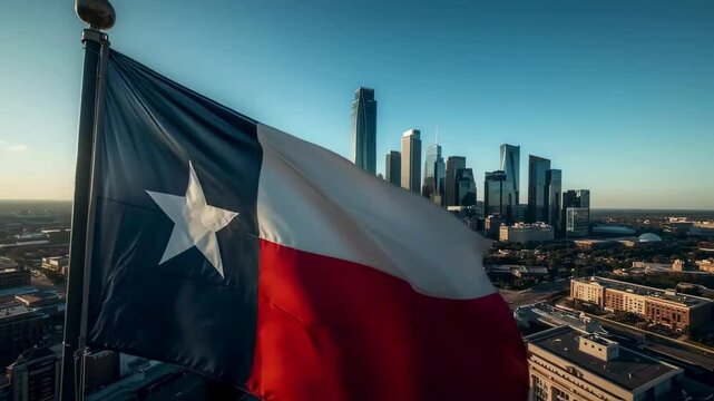 Texas Flag Waving Over Austin Skyline at Sunset