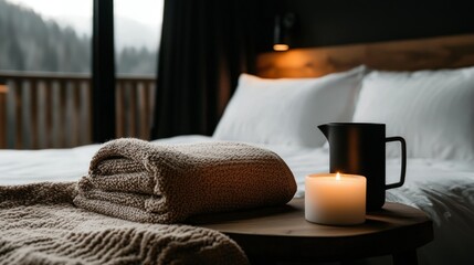 A cozy bedroom scene featuring a blanket and glowing candle