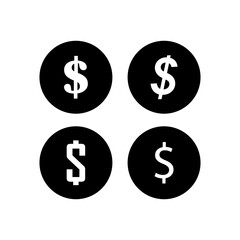 Dollar coin symbol. Money icon set. Black circular shape. Vector finance graphic.