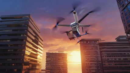 Drone flying between tall modern buildings during sunset, cityscape, symbolizing urban technology, future transportation, smart delivery systems, aerial mobility, innovation, futuristic city logistics
