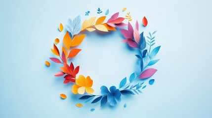 Colorful paper cut wreath design on a light blue background.