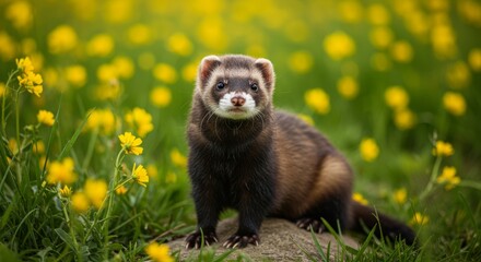 Fototapeta premium Adorable Ferret Posing Amidst a Vibrant Meadow of Yellow Flowers on a Sunny Day