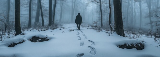 A figure walks alone on a snowy trail in a quiet forest. Tall trees loom in the fog, creating an atmospheric winter landscape that evokes solitude and peace
