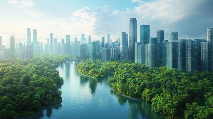 Obraz premium envisioning a symbiotic future an urban landscape where skyscrapers harmonize with lush greenery along a serene river creating an idyllic blend of metropolis and nature