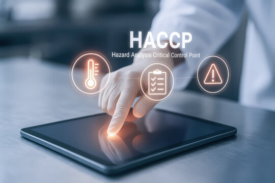 HACCP hazard analysis critical control point concept with hand touching digital tablet for food safety and quality management system in industry