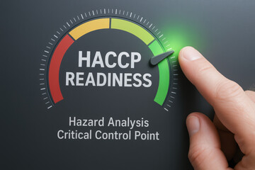 HACCP readiness is shown on gauge with hand adjusting dial to green indicating hazard analysis and critical control point compliance