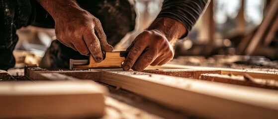 A detailed shot of a carpenter crafting custom wooden fittings for a luxury residential villa, Luxury villa construction scene, Bespoke woodworking style
