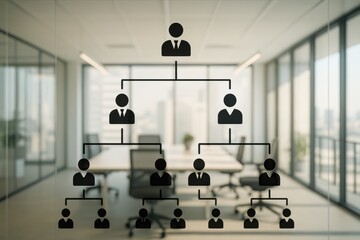 Business Organizational Chart With Human Icons On Glass Wall In Modern Office For Company Structure And Corporate Hierarchy Visualization