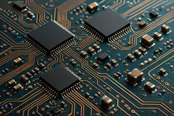 Computer circuit board macro photography revealing intricate electronic pathways and components with dramatic lighting and technological precision