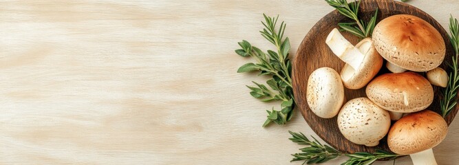 A group of wild mushrooms is elegantly arranged on a rustic wooden platter, surrounded by fresh herbs. Natural light enhances their earthy tones, creating an inviting display