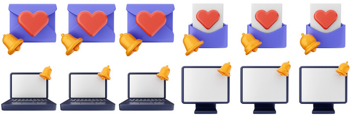3d notification laptop pc mail notice alert attention application bell alarm reminder icon set bundle illustration