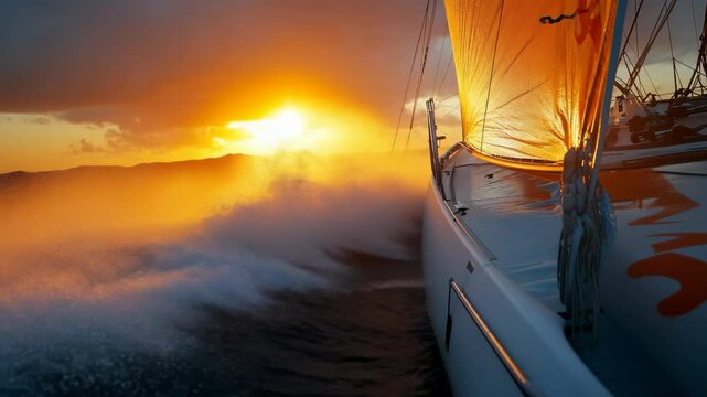Sailboat racing through ocean waves at high speed during a stunning sunset, with golden sunlight illuminating the sail and water spray, capturing adventure, freedom, and beauty of nautical exploration