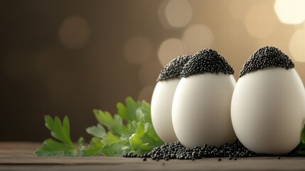 Elegant White Eggs Topped with Black Caviar and Fresh Parsley