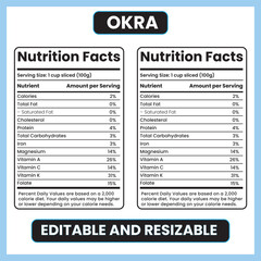 okra nutrition facts,
okra nutrition label,
green vegetable nutrition,
fiber rich vegetable,
vitamin C rich vegetable,
low calorie vegetable,
plant-based nutrition,
