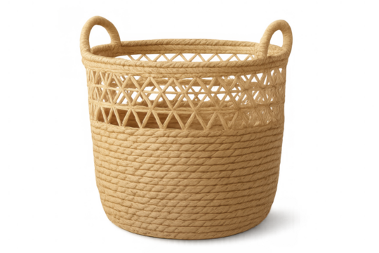 Jute rope laundry basket with triangular weave pattern, dual handles, standing against transparent backdrop