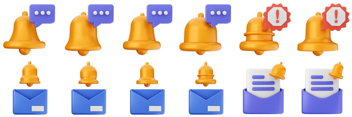 3d notification mail notice alert attention application bell alarm reminder icon set bundle illustration