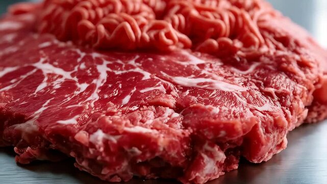 Close-up of fresh raw ground meat and thin sliced beef, showcasing textures and marbling for culinary uses and food industry concepts.