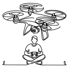 Drone Pilot in Action, A man holds a remote, operating a flying drone