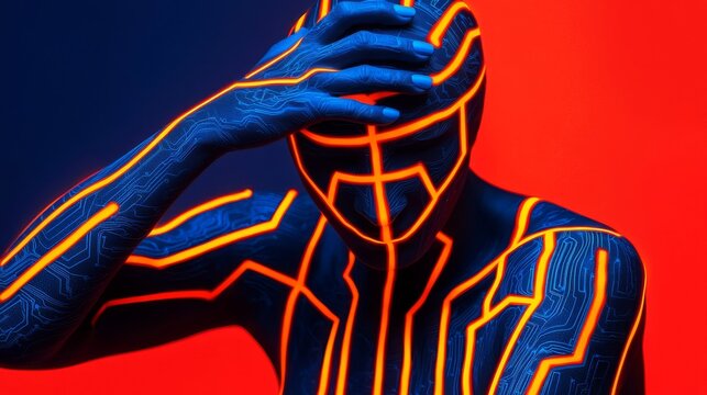 A futuristic person covered in glowing circuit patterns holds their head