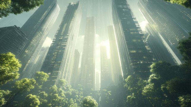 a futuristic city landscape blending natural green spaces with towering modern architecture under a soft ethereal light creating a serene yet ambitious urban vision