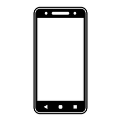 Minimalist black and white icon of a smartphone with rounded corners, front camera, and navigation buttons, isolated on white background.