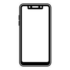 Black and white icon of a smartphone with a top notch housing sensors and camera, representing a front view of a mobile device.