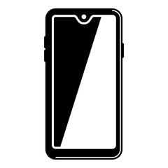 Black and white smartphone icon with a curved notch, front camera, and bold diagonal reflection on the screen, ideal for mobile tech visuals.