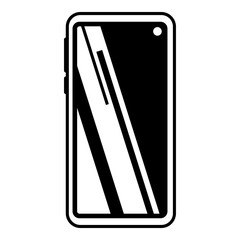 Black and white icon of a smartphone with bold diagonal reflections and front camera, emphasizing modern design and technology aesthetics.