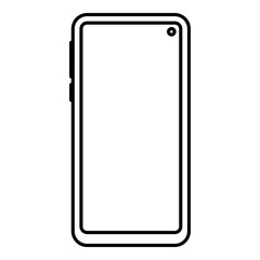 Black and white outline icon of a modern smartphone with a front camera, featuring clean and minimalistic design for tech-related visuals.