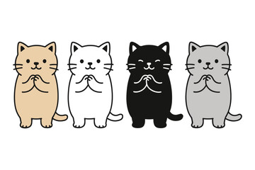 Cute Cartoon Cats Standing with Hands Together - Vector Set