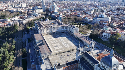 Obraz premium Royal Palace Of Madrid At Madrid In Community Of Madrid Spain. Medieval Buildings Landscape. Downtown District. Capital City Scenery. Royal Palace Of Madrid In Spain. Beautiful Cityscape.