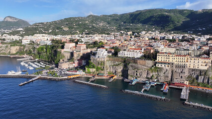 Sorrento Skyline At Naples In Campania Italy. Beach Landscape. Tourism Landmark. Sorrento Skyline At Naples In Campania Italy. Historical Cityscape. Gulf Of Salerno Skyline. Mediterranean Sea.