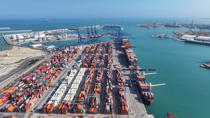 Port Of Valencia At Valencia In Valence Community Spain. Freight Ship Scene. Maritime Transportation. Port Of Valencia At Spain. Exchange Landscape. Trade Market Scenery.