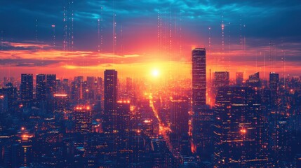 Fototapeta premium urban landscape bathed in ethereal light featuring modern buildings and technological enhancements showcasing a digital augmented reality over a vibrant sunset backdrop