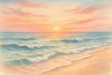 Watercolor beach scene with soft pink pastel tones creating dreamy coastal atmosphere perfect for relaxation and tropical vacation themes