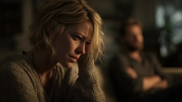 Young woman holding her head in distress, grappling with depression while her husband sits quietly in the background, suggesting tension after an argument in their living room