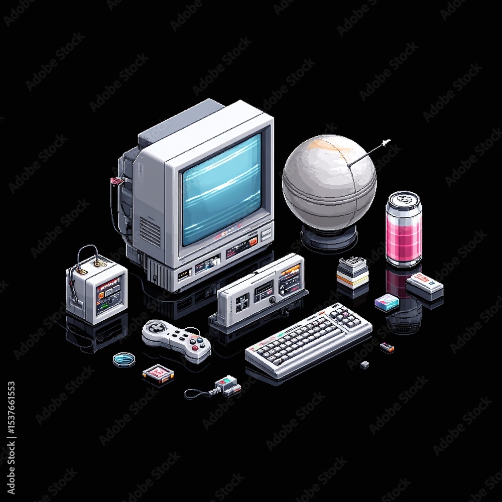 Fototapete retro computer setup digital art technology vintage style 3d view nostalgia